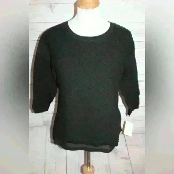 Trouve Sweaters - Troupe Women’s Scalloped Blouse Black High Low Shear Sleeve Stretch Top Medium